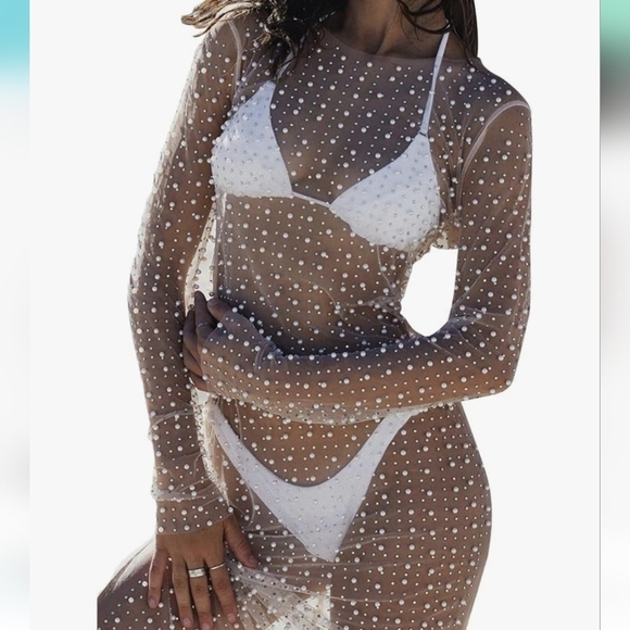 Amazon cream mesh sheet pearl studded long sleeve maxi length swim cover up - Picture 3 of 11